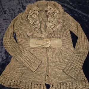 Elegant Taupe Cardigan with Belt and Floral Accents